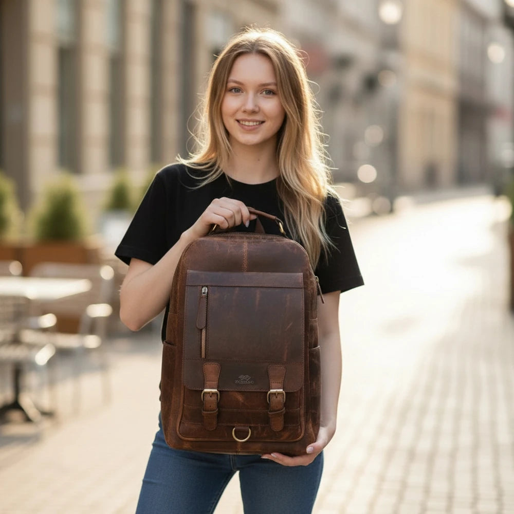 Unisex Full Grain Leather Backpack with Laptop Sleeve – Brown - Buffalo Leather - Smooth - Zodiac Leather